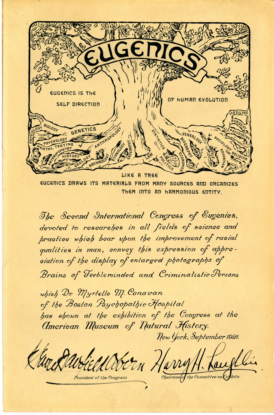 Entire certificate for 1921 International Eugenics Congress Logo